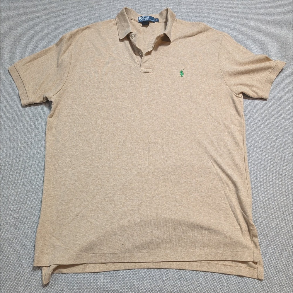 Polo Ralph Lauren Men's Large Tan Heather Cotton Short Sleeve Polo Shirt Pony